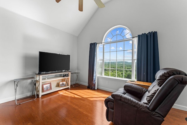 110 Cottonwood Trl Unit 2D, Branson, MO 65616 - living area with a ceiling fan, high vaulted ceiling, and wood finished floors