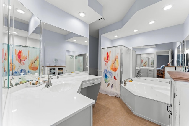 110 Cottonwood Trl Unit 2D, Branson, MO 65616 - full bathroom featuring a shower stall, a jetted tub, recessed lighting, vanity, and tile patterned flooring