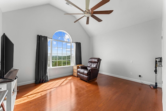 110 Cottonwood Trl Unit 2D, Branson, MO 65616 - sitting room featuring ceiling fan, wood finished floors, and high vaulted ceiling