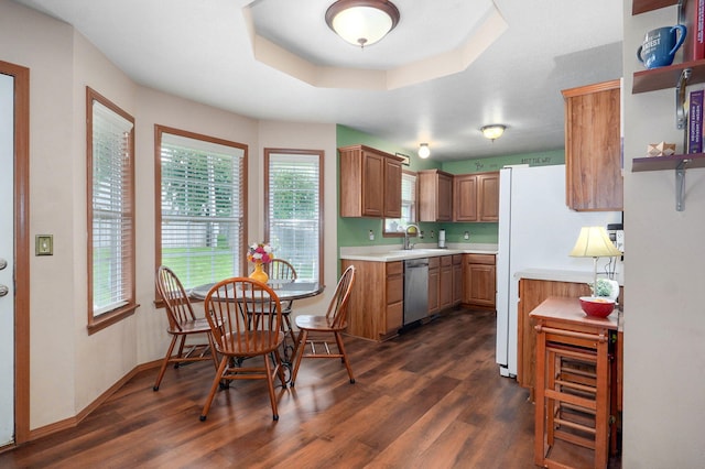 608 S Ashwood Ct, Nixa, MO 65714 - kitchen featuring stainless steel dishwasher, dark wood-type flooring, open shelves, light countertops, and a raised ceiling