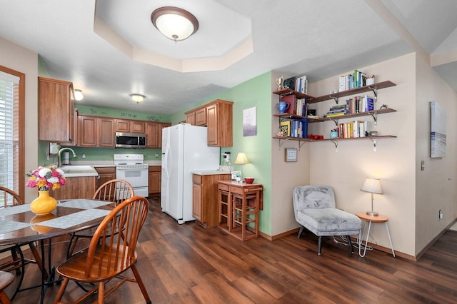 608 S Ashwood Ct, Nixa, MO 65714 - kitchen with white appliances, dark wood-type flooring, light countertops, brown cabinetry, and a tray ceiling