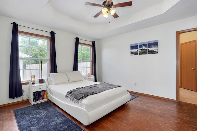 608 S Ashwood Ct, Nixa, MO 65714 - bedroom with wood finished floors, a tray ceiling, multiple windows, and a ceiling fan