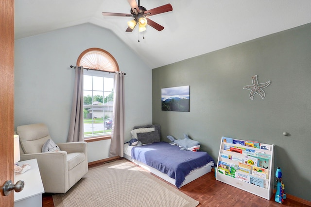 608 S Ashwood Ct, Nixa, MO 65714 - bedroom featuring lofted ceiling, wood finished floors, and a ceiling fan