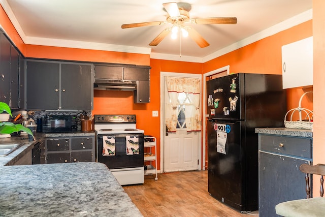 705 Preacher Roe Blvd, West Plains, MO 65775 - kitchen with black appliances, under cabinet range hood, a ceiling fan, crown molding, and light wood-style floors