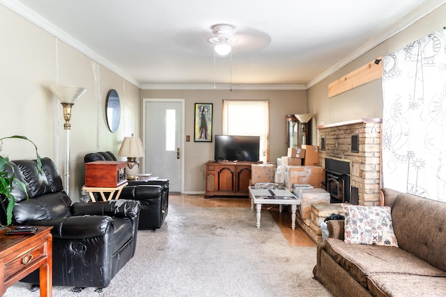 705 Preacher Roe Blvd, West Plains, MO 65775 - carpeted living area with ceiling fan, ornamental molding, and a fireplace