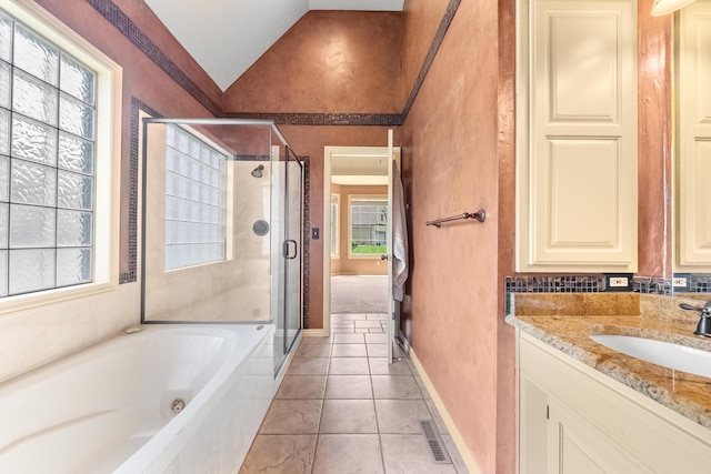 966 S Carriage Ave, Springfield, MO 65809 - full bath with lofted ceiling, a stall shower, a whirlpool tub, vanity, and healthy amount of natural light