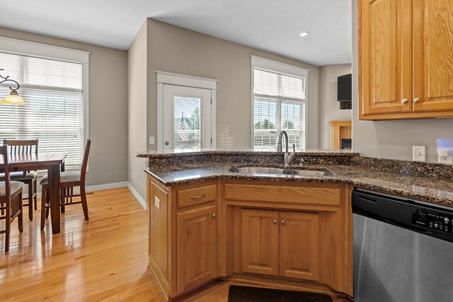 628 N Alexandria St, Nixa, MO 65714 - kitchen featuring dishwasher, light wood-type flooring, dark stone counters, a peninsula, and recessed lighting