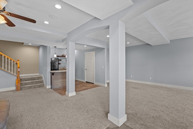 628 N Alexandria St, Nixa, MO 65714 - finished basement with carpet, a ceiling fan, recessed lighting, and stairs