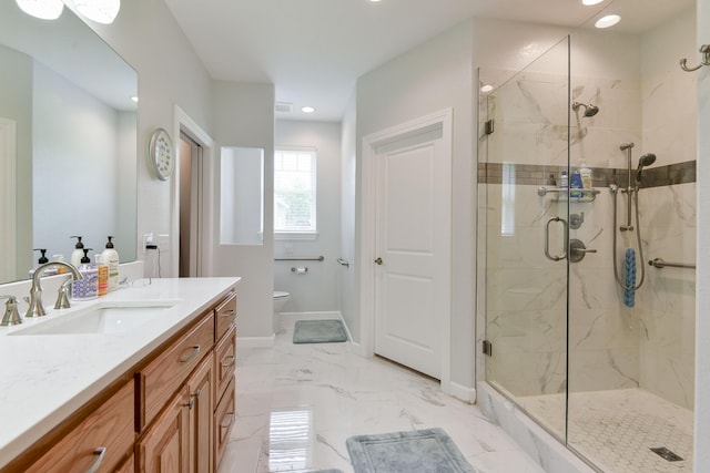 21791 Mill Creek Dr, Shell Knob, MO 65747 - bathroom featuring a stall shower, vanity, recessed lighting, and marble finish floors