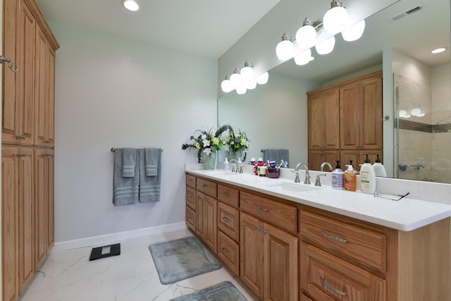 21791 Mill Creek Dr, Shell Knob, MO 65747 - bathroom featuring double vanity, a shower stall, marble finish flooring, and recessed lighting