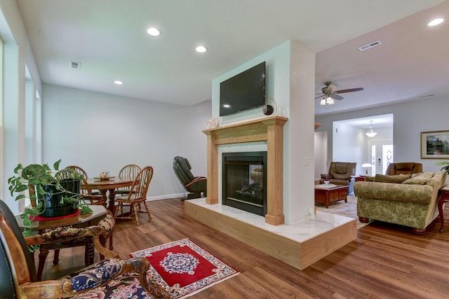 21791 Mill Creek Dr, Shell Knob, MO 65747 - living room with ceiling fan, wood finished floors, recessed lighting, and a premium fireplace