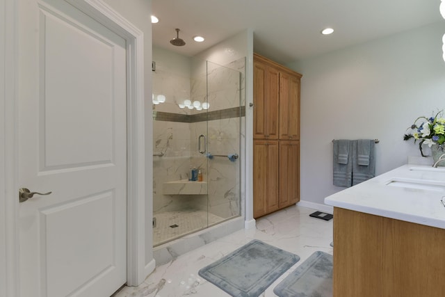 21791 Mill Creek Dr, Shell Knob, MO 65747 - bathroom with marble finish flooring, a marble finish shower, recessed lighting, and double vanity