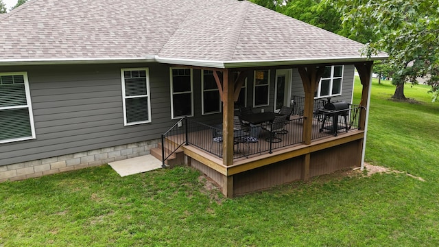 21791 Mill Creek Dr, Shell Knob, MO 65747 - rear view of property featuring a shingled roof, a yard, and a wooden deck