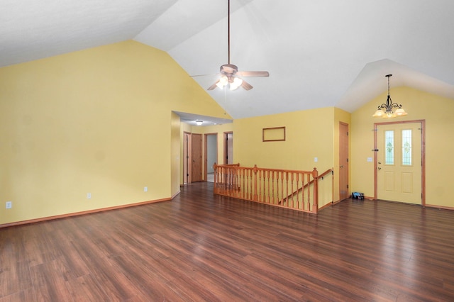 136 Cedar Dale Ln, Ozark, MO 65721 - foyer with vaulted ceiling, ceiling fan, wood finished floors, and a chandelier