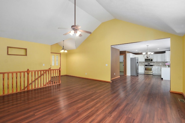 136 Cedar Dale Ln, Ozark, MO 65721 - unfurnished living room with a chandelier, dark wood-type flooring, high vaulted ceiling, and a ceiling fan
