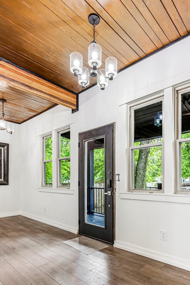 189 Walnut St, Sparta, MO 65753 - foyer featuring a wooden ceiling with exposed beams, a chandelier, and hardwood / wood-style flooring