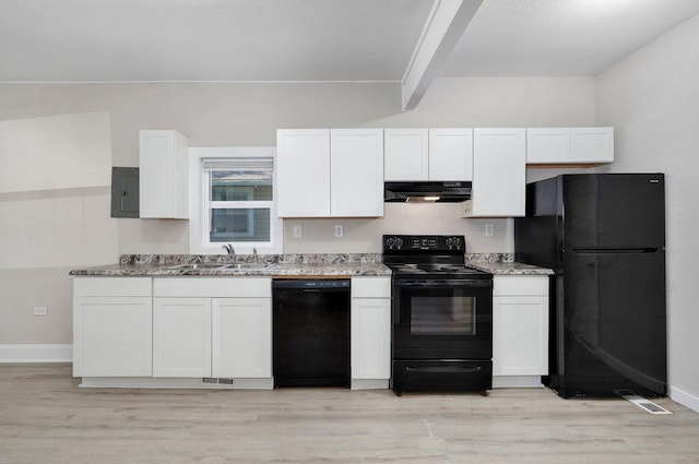 619 N Nettleton Ave, Springfield, MO 65802 - kitchen with black appliances, under cabinet range hood, electric panel, and white cabinetry