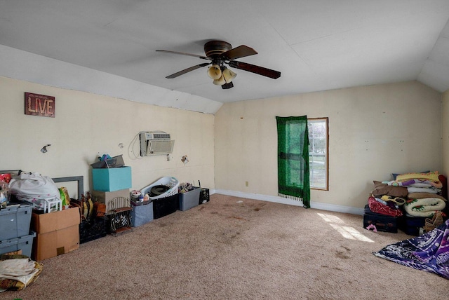 106 S Gilmore St, Miller, MO 65707 - carpeted living room with vaulted ceiling, a ceiling fan, and a wall mounted AC