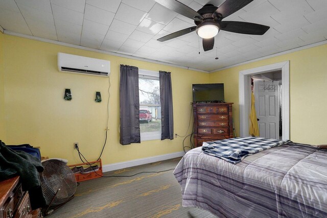 106 S Gilmore St, Miller, MO 65707 - bedroom with an AC wall unit, crown molding, a ceiling fan, and carpet
