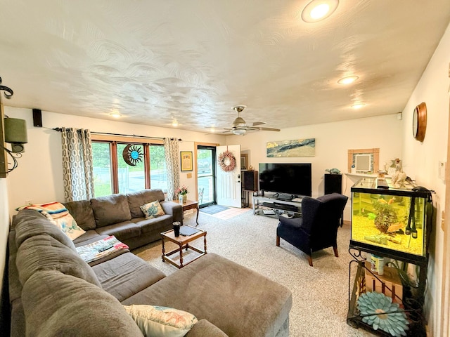 6424 W Farm Rd Unit 140, Springfield, MO 65802 - living room with light carpet, recessed lighting, and a ceiling fan