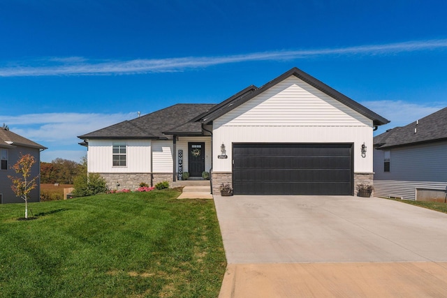 2801 E Bradford St, Republic, MO 65738 - single story home with stone siding, a garage, a front lawn, and driveway