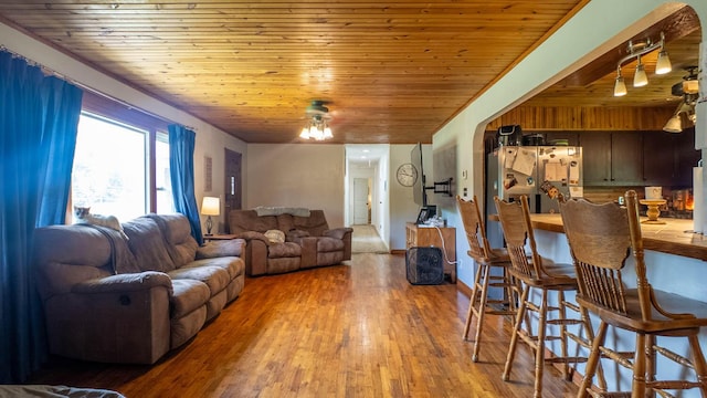 1160 Bethel Ave, Mammoth Spring, AR 72554 - living room featuring wooden ceiling, wood finished floors, and a ceiling fan