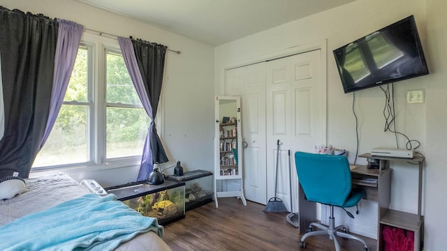 1160 Bethel Ave, Mammoth Spring, AR 72554 - bedroom featuring a desk, dark wood-style floors, and a closet