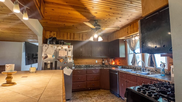 1160 Bethel Ave, Mammoth Spring, AR 72554 - kitchen with stainless steel appliances, wood ceiling, dark countertops, a ceiling fan, and dark stone finish floors