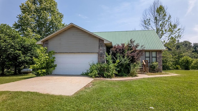 4534 Bayou Access Rd, Mammoth Spring, AR 72554 - view of front of house featuring a front yard, an attached garage, a metal roof, concrete driveway, and stone siding