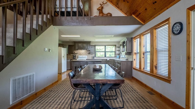4534 Bayou Access Rd, Mammoth Spring, AR 72554 - dining area with light wood-type flooring, stairway, lofted ceiling, and wooden ceiling