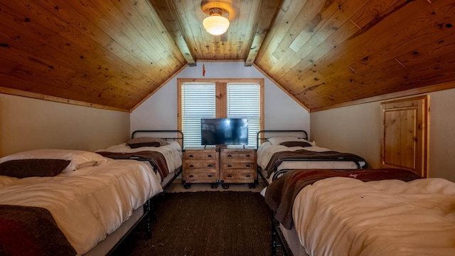 4534 Bayou Access Rd, Mammoth Spring, AR 72554 - bedroom with wood ceiling, dark colored carpet, and lofted ceiling