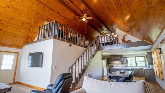 4534 Bayou Access Rd, Mammoth Spring, AR 72554 - living area with a ceiling fan, wood ceiling, high vaulted ceiling, and stairway