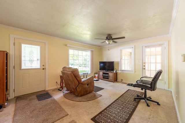 220 E Portland St, Springfield, MO 65807 - carpeted living area with crown molding and a ceiling fan