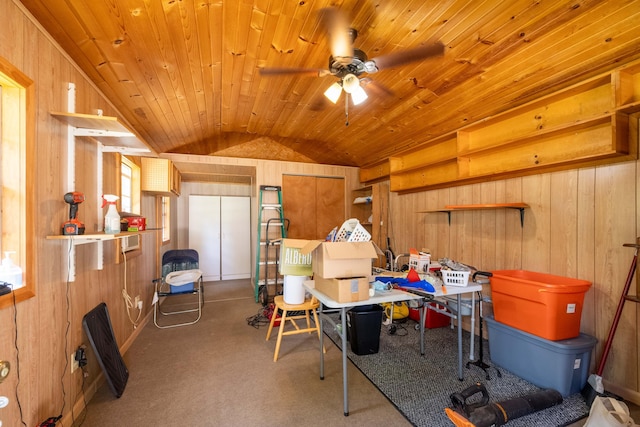 220 E Portland St, Springfield, MO 65807 - home office with wood walls, vaulted ceiling, wood ceiling, ceiling fan, and carpet