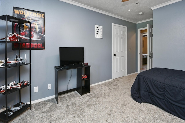 111 E Yorkshire St, Nixa, MO 65714 - bedroom featuring carpet, ornamental molding, a textured ceiling, and ceiling fan