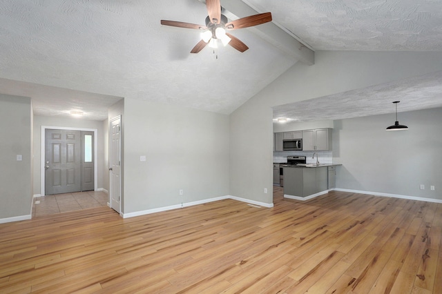3656 S Kansas Ave, Springfield, MO 65807 - unfurnished living room with light wood-style floors, a ceiling fan, and a textured ceiling