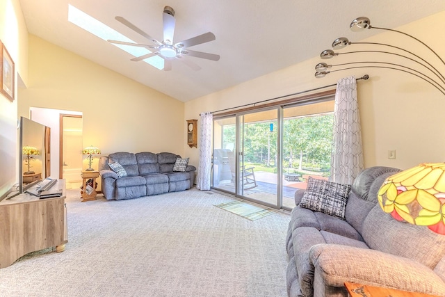 10675 State Highway Aa, Grovespring, MO 65662 - living area featuring light colored carpet, a ceiling fan, high vaulted ceiling, and a skylight