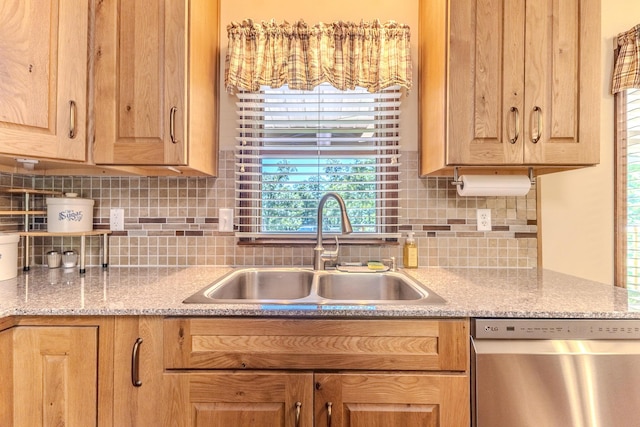 10675 State Highway Aa, Grovespring, MO 65662 - kitchen with stainless steel dishwasher, backsplash, and light brown cabinetry