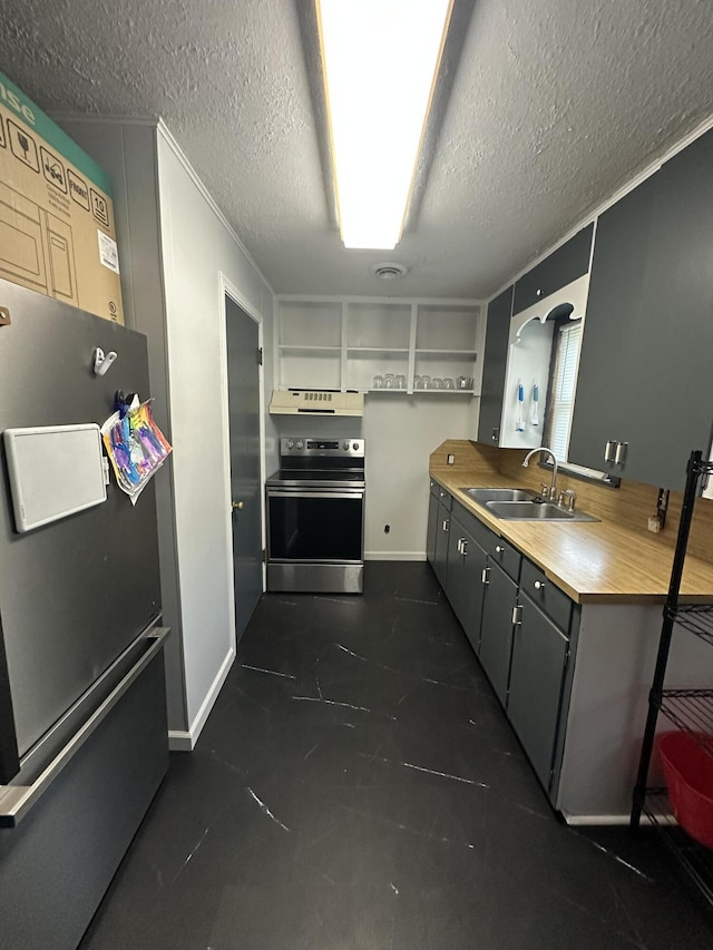 428 N Olive St, Marshfield, MO 65706 - kitchen featuring stainless steel electric range, freestanding refrigerator, open shelves, a textured ceiling, and under cabinet range hood