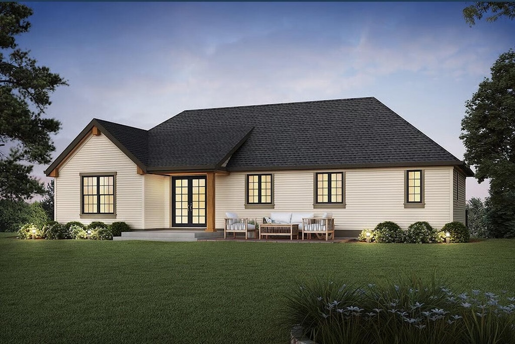 200 Jacks Hollow Rd, Walnut Shade, MO 65771 - rear view of house featuring french doors, an outdoor living space, a yard, and roof with shingles