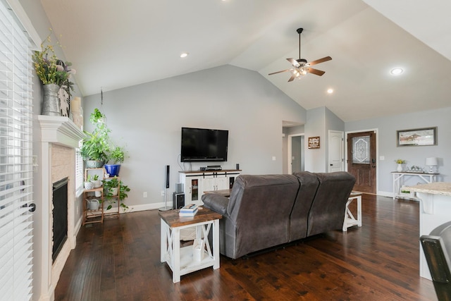 1925 E Costa Mesa Ct, Ozark, MO 65721 - living room with ceiling fan, a fireplace, dark wood-type flooring, high vaulted ceiling, and recessed lighting