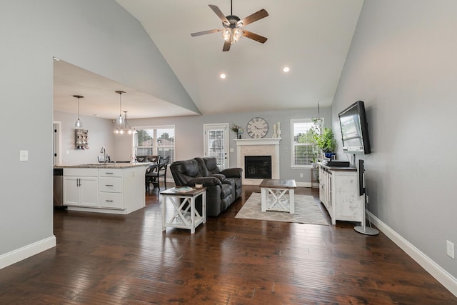 1925 E Costa Mesa Ct, Ozark, MO 65721 - living room with a ceiling fan, a fireplace, high vaulted ceiling, dark wood-style floors, and recessed lighting