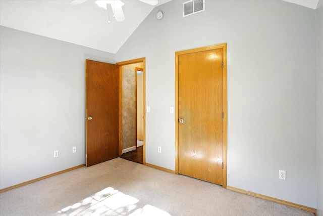 4939 S Prairie View Ave, Battlefield, MO 65619 - unfurnished bedroom with carpet, high vaulted ceiling, and ceiling fan