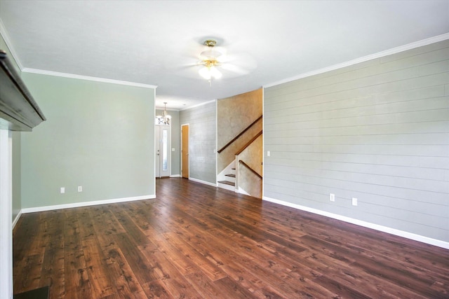 4939 S Prairie View Ave, Battlefield, MO 65619 - unfurnished living room with a chandelier, stairway, wood finished floors, ornamental molding, and a ceiling fan