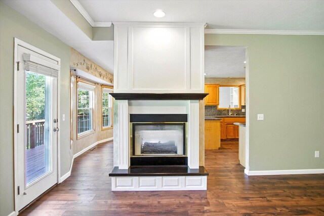 4939 S Prairie View Ave, Battlefield, MO 65619 - unfurnished living room with dark wood finished floors, ornamental molding, a multi sided fireplace, and recessed lighting