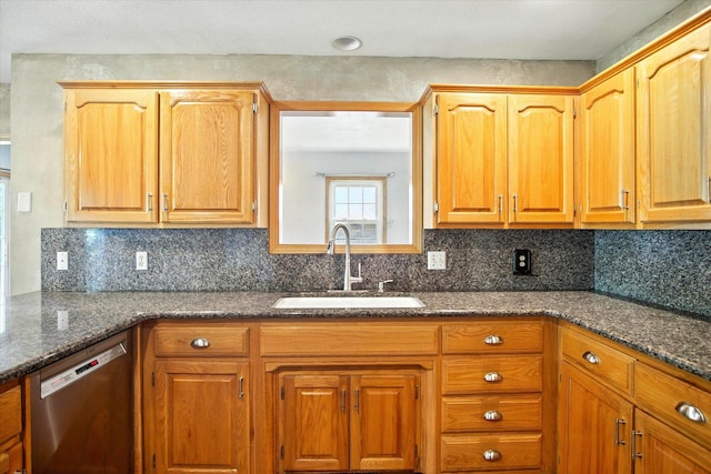 4939 S Prairie View Ave, Battlefield, MO 65619 - kitchen featuring dishwasher, dark stone counters, tasteful backsplash, and brown cabinets