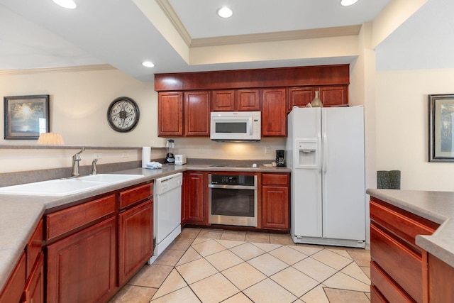 300 Glory Rd Unit 2, Branson, MO 65616 - kitchen featuring white appliances, ornamental molding, light tile patterned flooring, recessed lighting, and reddish brown cabinets
