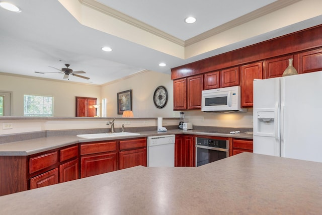 300 Glory Rd Unit 2, Branson, MO 65616 - kitchen featuring white appliances, crown molding, recessed lighting, and ceiling fan
