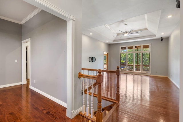 2661 E Ridgewood Dr, Springfield, MO 65804 - hall featuring an upstairs landing, hardwood / wood-style floors, ornamental molding, a tray ceiling, and recessed lighting