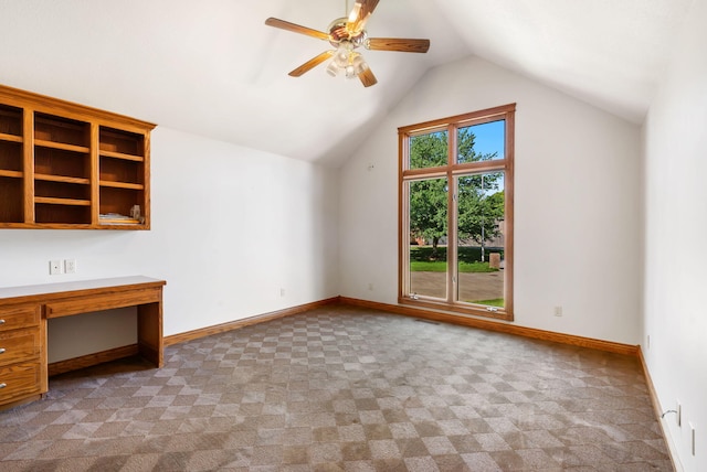 2661 E Ridgewood Dr, Springfield, MO 65804 - unfurnished office with lofted ceiling, a ceiling fan, carpet floors, and built in study area